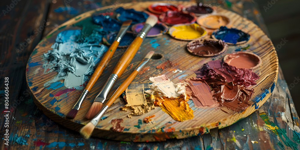 Fototapeta premium Row of artist paintbrushes with background the texture color palette with mixed paints