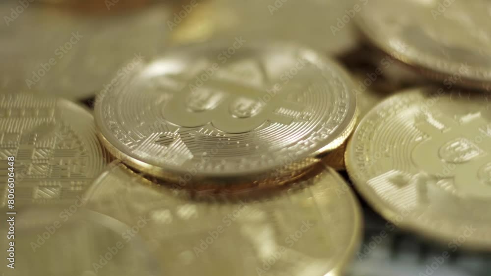 BTC bitcoin golden coins rotating, crypto money close up studio shot investment concept BTC bitcoin golden coins rotating, crypto money close up studio shot investment concept