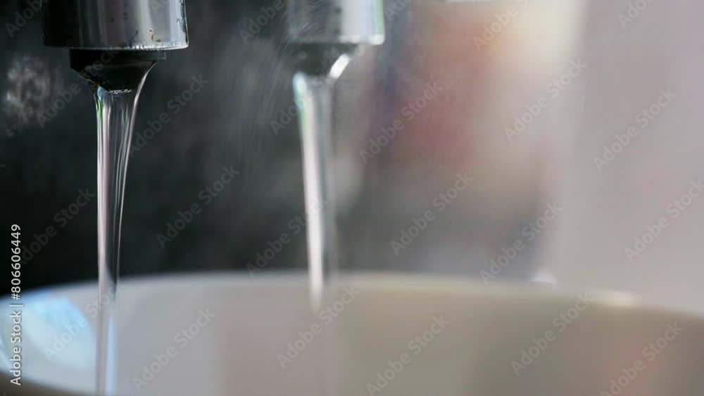Close up of Italian Coffee machine with hot water and steaming black coffee. Restraint Coffee shop Close up of Italian Coffee machine with hot water and steaming black coffee. Restraint Coffee shop