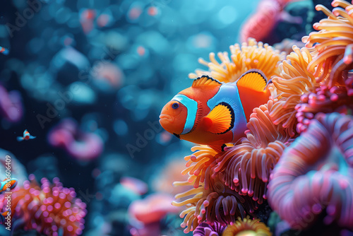 Closeup of clownfish swimming among colorful anemones in the ocean. Created with Ai photo