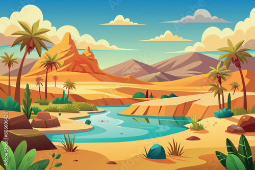 Desert Oasis Landscape with nature background illustration in cartoon style
