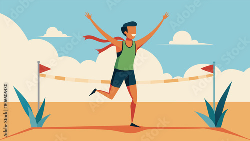 A runner crossing the finish line arms outstretched in victory after an intense and exhausting race on the sandy beach.. Vector illustration