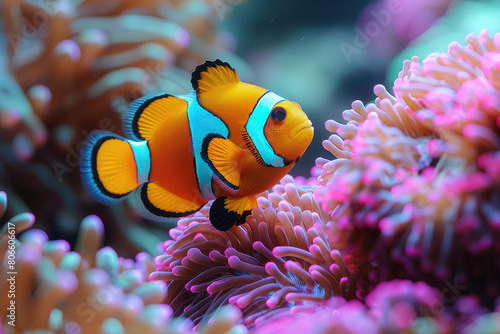  vibrant coral reef scene with anemones and clownfish. Created with Ai