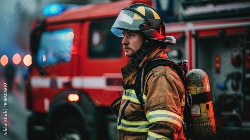 Firefighter in gear, standing in front of a fire truck.