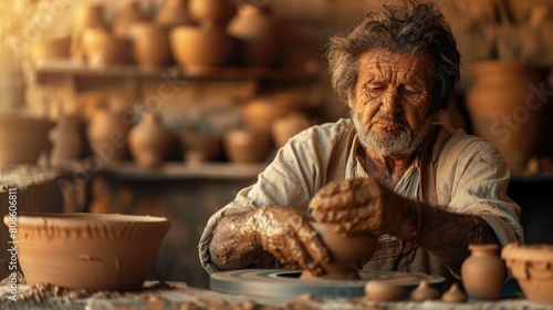 The picture of the professional potter working inside the workshop about molding the clay into the pot  the potter require skills like accuracy  experience  training and attention to detail. AIG43.