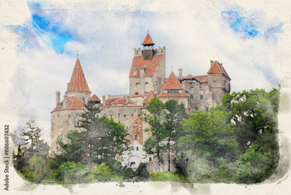Bran Castle near Brasov, Romania known as Dracula's Castle in Transylvania in watercolor style