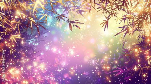 七夕の笹の葉と星が舞うキラキラの背景　Generative AI photo