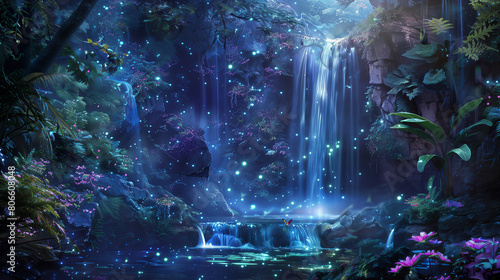 A beautiful, serene forest scene with a waterfall and a pond. The water is illuminated by the stars, creating a magical and peaceful atmosphere