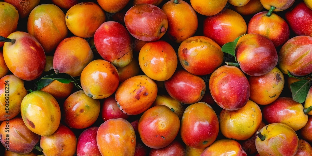 A close-up image of a bountiful harvest of ripe peaches with a golden hue.
