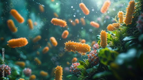 Close-up image of orange bacteria floating among other microorganisms, symbolizing bacterial contamination in nature. Highlights the vibrant structures and microbiological diversity photo