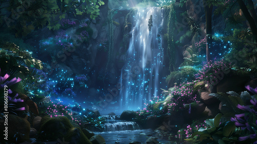 A beautiful, serene forest scene with a waterfall and a pond. The water is illuminated by the stars, creating a magical and peaceful atmosphere photo