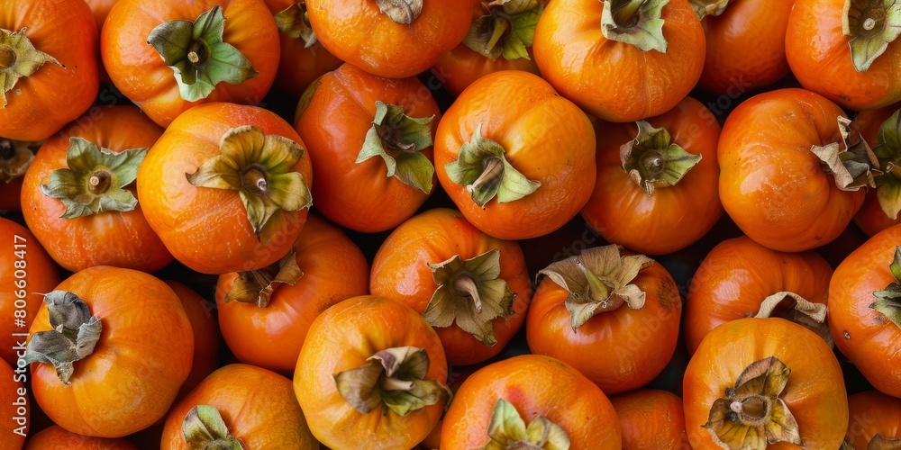 A photo of fresh persimmons with green leaves. The persimmons are ripe and have a bright orange color. They are also very juicy and have a sweet taste. A photo of fresh persimmons with green leaves. The persimmons are ripe and have a bright orange color. They are also very juicy and have a sweet taste.