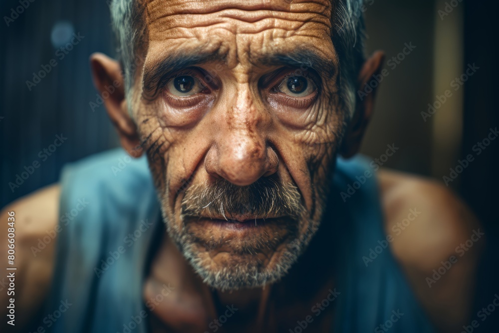 Male prisoner, aged 70, with a weathered face that tells the story of a lifetime of hardship and perseverance Male prisoner, aged 70, with a weathered face that tells the story of a lifetime of hardship and perseverance