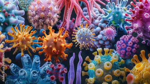 A colorful array of viruses and bacteria are shown in a close up photo