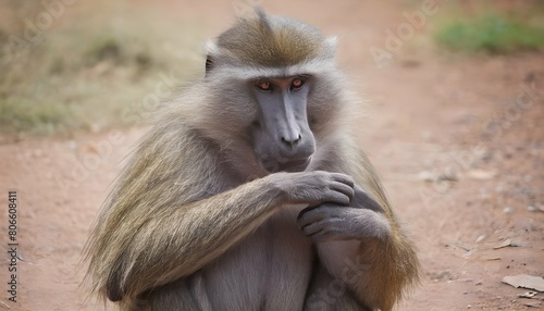 a-baboon-using-its-hands-to-groom-its-fur-keeping- 3 photo