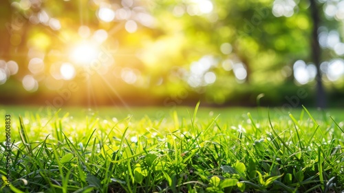 Sunlight shining through foliage onto vibrant green grass in a natural setting