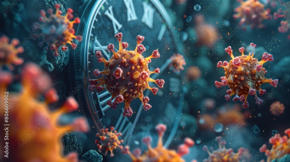 Fototapeta premium Macro image of bacteria on a clock, showing detailed microbes with spiked structures in orange and red, against a blue backdrop, emphasizing the passage of time and microbial growth