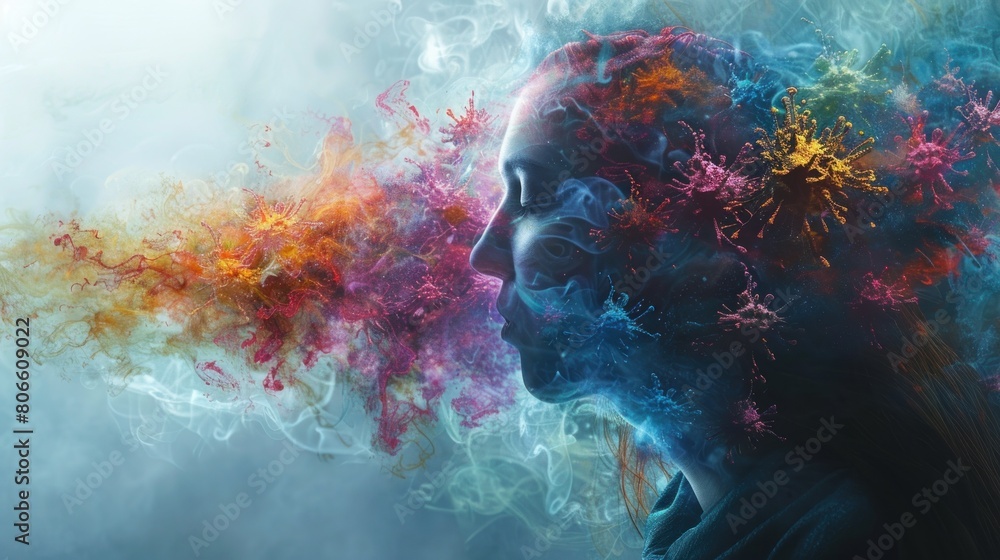A colorful, abstract painting of a woman's face with smoke and colorful swirls