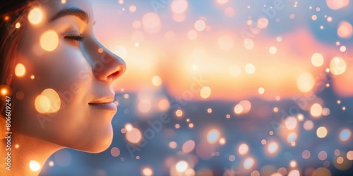 Side profile of a peaceful woman with soft bokeh lights surrounding her in warm tones