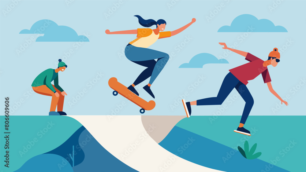 A daring skateboarder testing their skills by attempting to jump over a large gap in the park.. Vector illustration A daring skateboarder testing their skills by attempting to jump over a large gap in the park.. Vector illustration