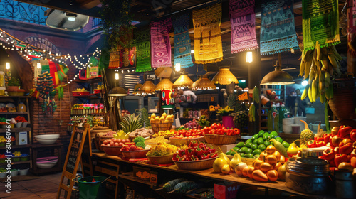 Colorful Mexican Street Food Market At Night. Festive Cinco de Mayo Decorations. Assortment Of Traditional Food