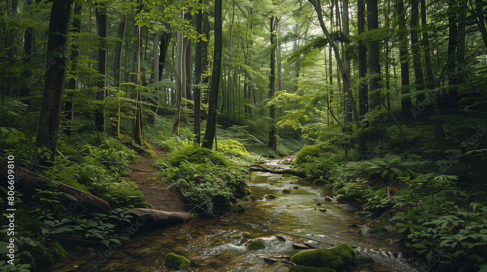 Obraz premium A painting of a forest with a stream running through it. The mood of the painting is peaceful and serene