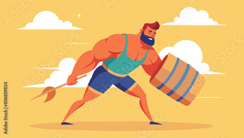 Clad in only shorts and boots a rugged contender lifts a massive barrel with ease basking in the summer heat during the Summer Strongman Competition.. Vector illustration