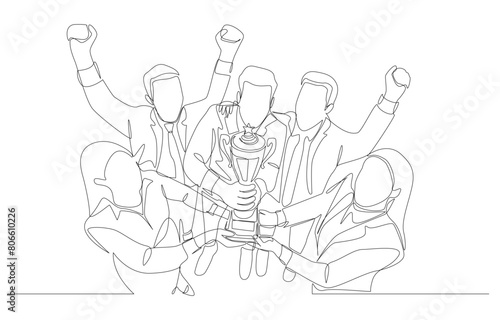 Continuous one line drawing of business team celebrating with trophy, business team success concept, single line art.