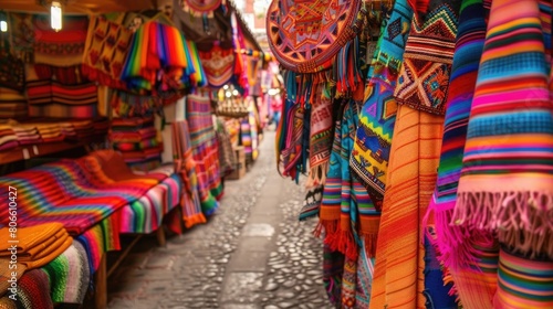 Vibrant South American market textiles and crafts showcase photo