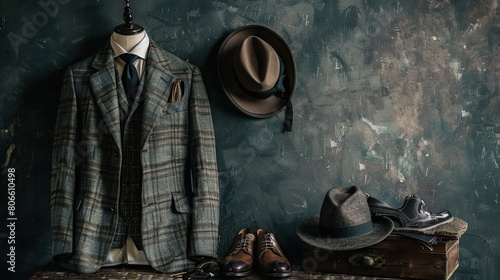 Classic fashion, retro elegance, dapper accessories, vintage wardrobe, sophisticated style, nostalgic charm. copy space for text.