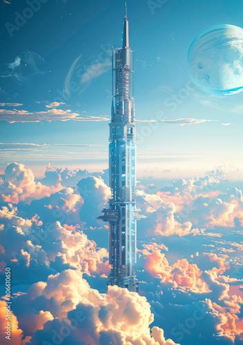 A space elevator transporting tourists from Earth into orbit  towering above the clouds.