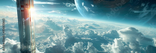 A space elevator transporting tourists from Earth into orbit, towering above the clouds. photo