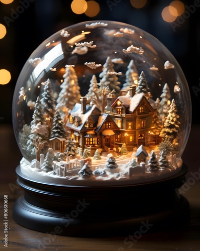 Snow globe with houses and christmas trees. Christmas and New Year concept.