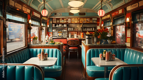 Vintage train car diner with booth seating  period-appropriate decor  and a classic menu board 