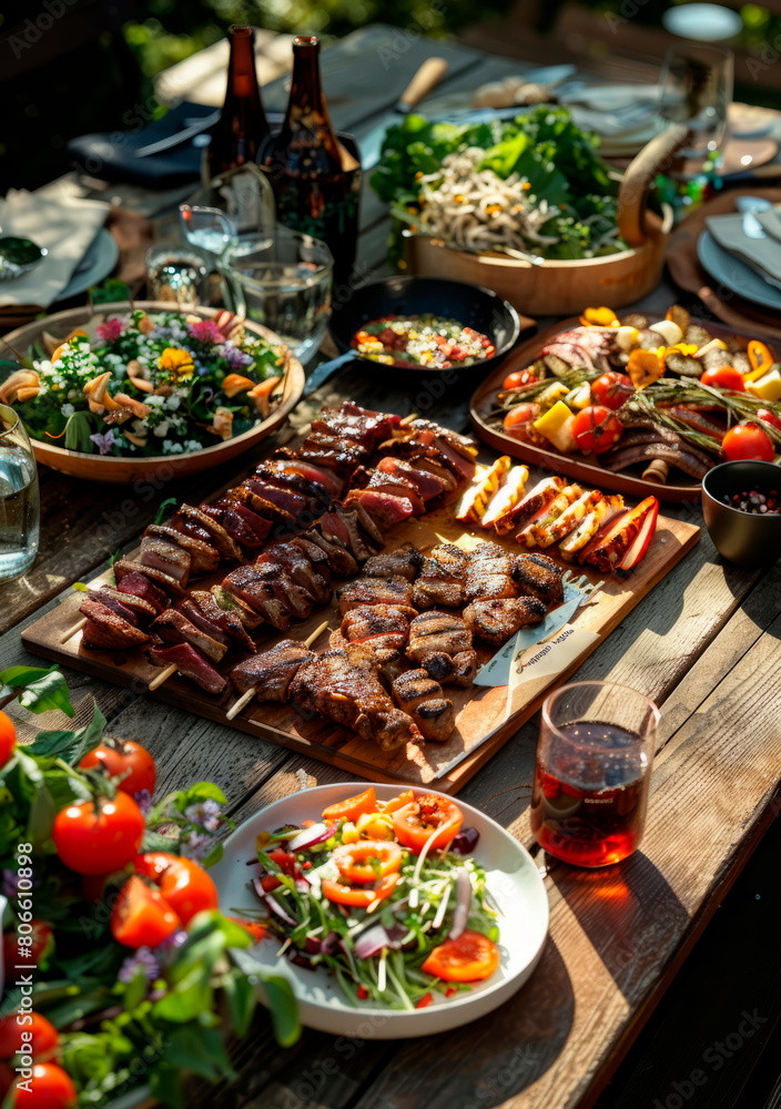 Delicious summer BBQ spread, grilled meats, fresh salads, outdoor table setting, mouthwatering food Delicious summer BBQ spread, grilled meats, fresh salads, outdoor table setting, mouthwatering food