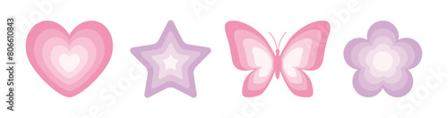 Y2k stickers set. Butterfly, daisy, heart, star. Set of vector elements in trendy retro style.