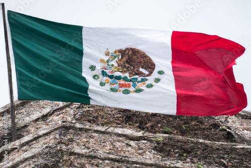 Mexican Flag on a Maya Pyramid, Mexico