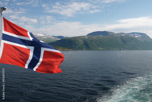 Norwegian Flag over a Northern Fiord, Norway