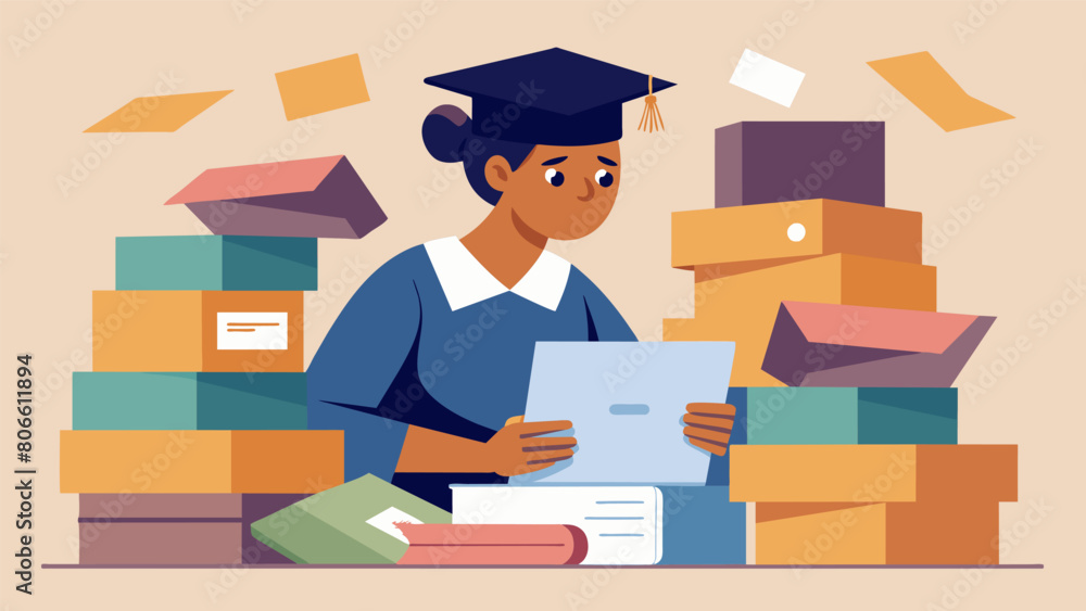 A recent high school graduate browses through boxes of financial aid documents overwhelming and confusing.. Vector illustration
