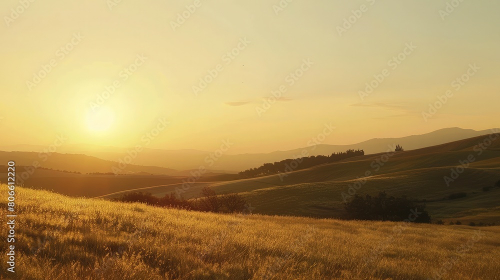 a sunset over the tranquil countryside, reveals rolling hills bathed in warm hues, offering a serene retreat for those seeking solace in nature's embrace