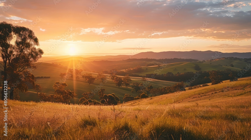 a sunset over the tranquil countryside, reveals rolling hills bathed in warm hues, offering a serene retreat for those seeking solace in nature's embrace