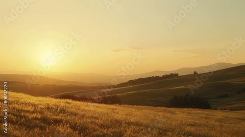 a sunset over the tranquil countryside, reveals rolling hills bathed in warm hues, offering a serene retreat for those seeking solace in nature's embrace © ARTIFICIAN
