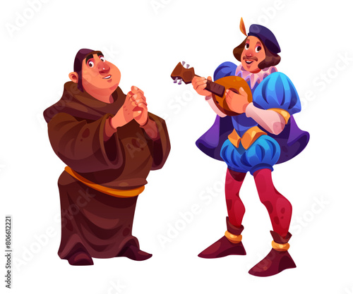 Medieval people in traditional clothing cartoon character set. Vector illustration of fat priest in brown long robe and musician in blue dress with mandolin. Ancient middle age male fairy tale person.