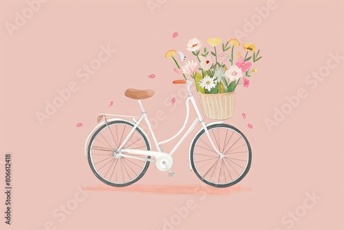 A minimalist drawing of a bicycle with a basket full of fresh spring flowers. photo