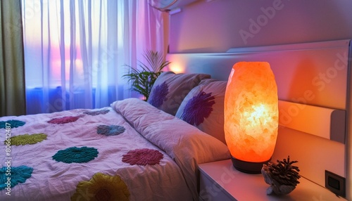 Transform your bedroom into a serene oasis with sheer curtains, botanical prints, and a Himalayan salt lamp for ambiance