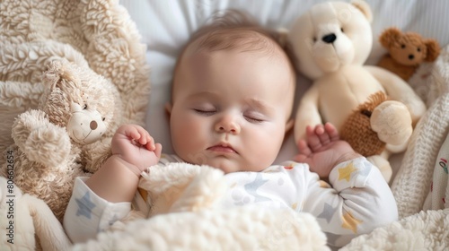 A baby peacefully napping in a crib, surrounded by stuffed animals and soft blankets, with a gentle smile on their face. 