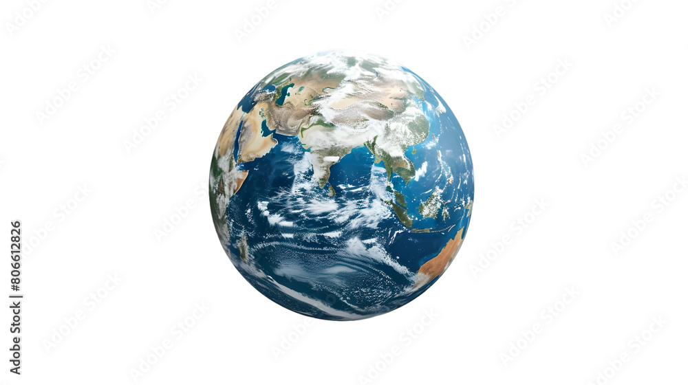 A realistic model of the Earth showing continents and oceans isolated on a white transparent background