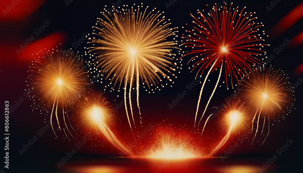 Naklejka premium Spectacular Fireworks Show with Golden and Red Bursts Against Dark Sky