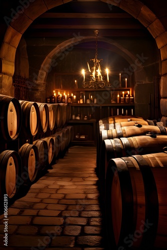 historic wine cellar with stone walls in a candlelight ambiance photo