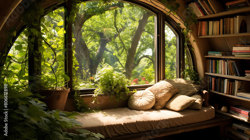 Whimsical garden shed converted into a cozy reading nook with bookshelves and a window seat,